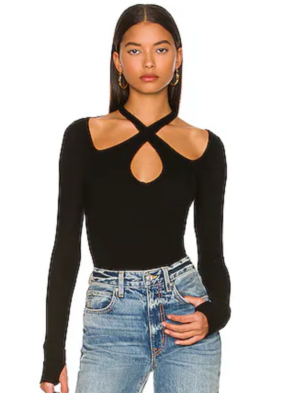 Michael Lauren Gael Black Long-Sleeve Crisscross Cutout Top, Size Small, EUC
